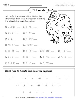 Math Riddle: 13 Hearts (Add & Subtract Integers) Worksheet