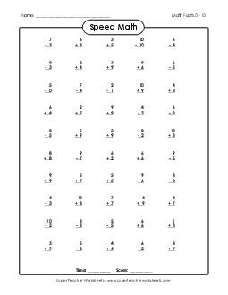 Speed Math (Add/Subtract) Mixed Addition Subtraction Worksheet