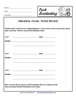 Literature Circles: Word Wizard Book Tuck Everlasting Worksheet