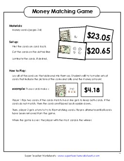 Money Matching Game Counting Money Worksheet