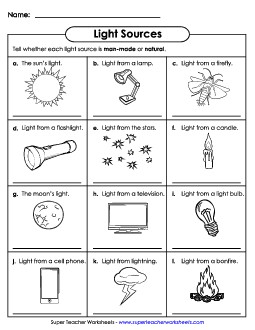 Light Sources Man-Made vs Natural Worksheet