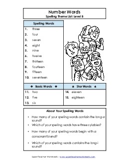 Spelling List (B-Number Words)  Spelling B Worksheet