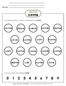 Dab or Color: Come Sight Words Individual Worksheet