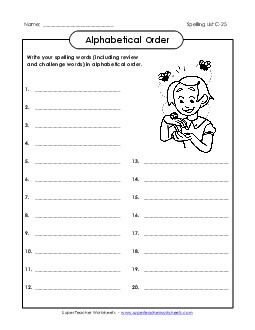 ABC Order: Write List (C-25) Spelling C Worksheet