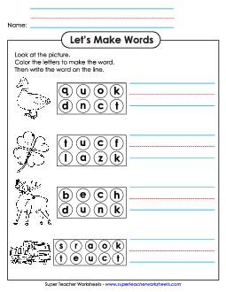 Color the Letters & Write (-uck) Word Families Worksheet