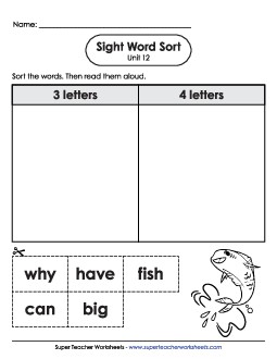 Sight Word Sort (Unit 12) Sight Words Worksheet