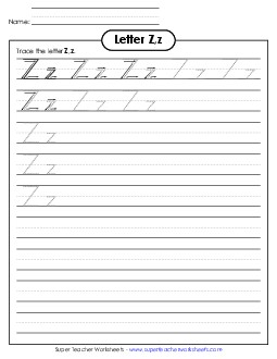 Letter Z, z - Tracing (Smaller Font Size) Alphabet Worksheet