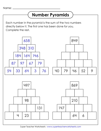 New Number Pyramids: 5 Rows, Top Number Given Worksheet New Number Pyramids: 5 Rows, Top Number Given Worksheet