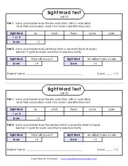 1-on-1 Reading Test (Unit 20) Sight Words Worksheet