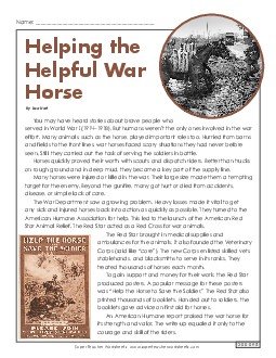 Helping the Helpful War Horse 5th Grade Reading Comprehension Worksheet