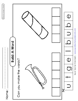 Build-a-Word: Bugle & Tube Phonics Long Short U Worksheet