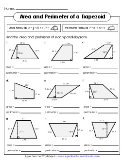 Area & Perimeter of Trapezoids (Intermediate) Worksheet