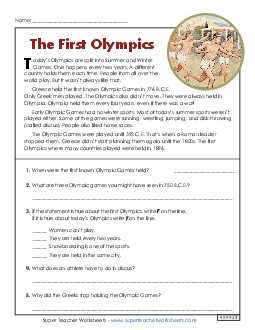 The First Olympics  3rd Grade Reading Comprehension Reading Comp Short Worksheet