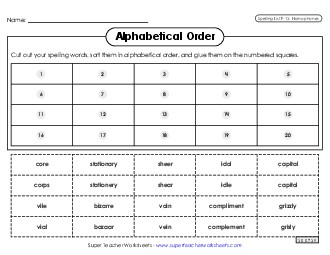 Alphabetical Order: Cut-Glue (F-13) Spelling F Worksheet