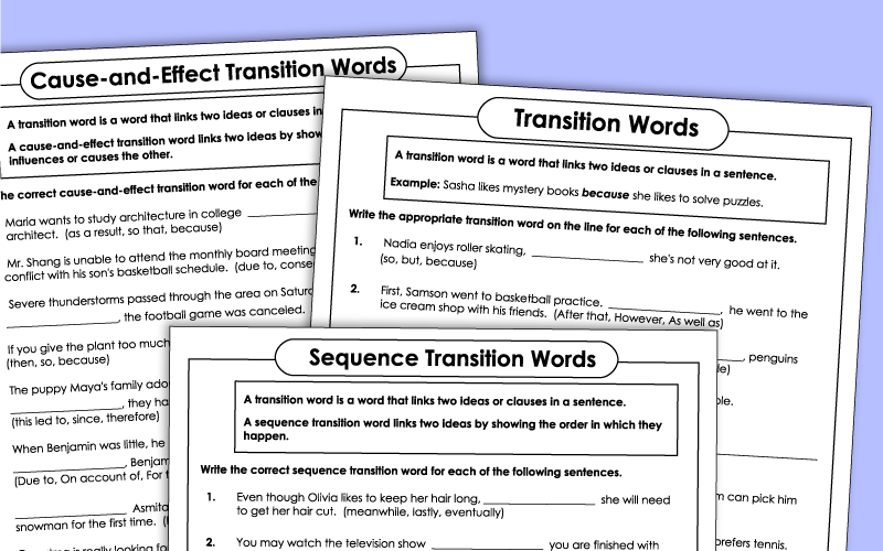 transition words worksheets