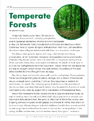Printable Science Eco System Temperate Forests Worksheet