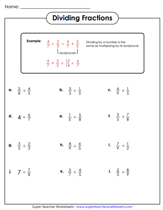 Dividing Fractions & Mixed Numbers - Worksheets