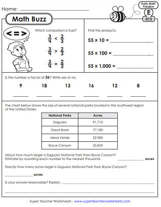 Daily Math Review Worksheets Math Buzz (Level E)