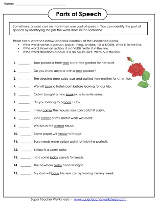 worksheet on parts of speech for class 8 with answers