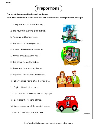 prepositions with pictures and sentences