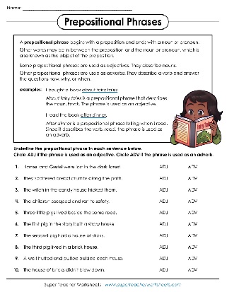 prepositional phrases worksheets