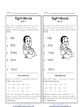 Sight Words Take Home List