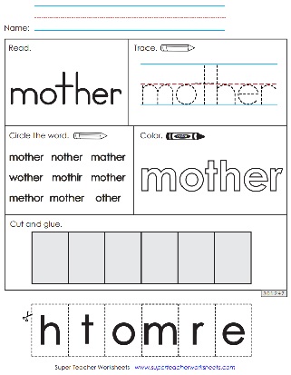 Sight Word Cut & Glue Worksheets - Mother