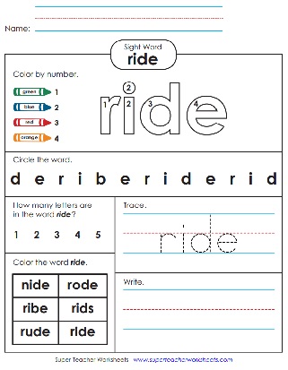 Ride - Snap Words Worksheet