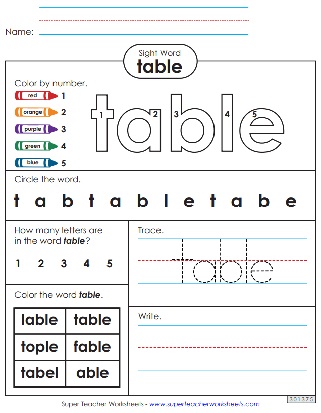 Sight Word Worksheets - Printable - Table