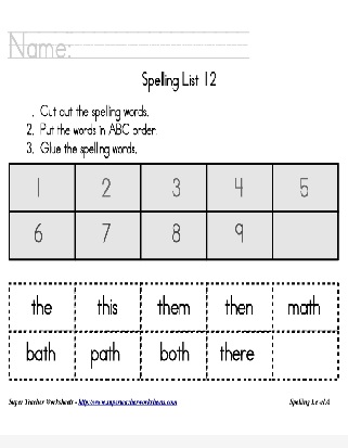 First Grade Spelling List Words with th Cut, Sort, and Glue the Spelling Words in Alphabetical Order