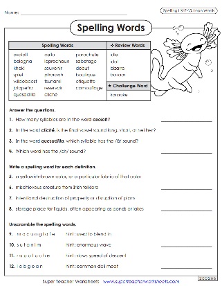 Spelling Printable Worksheets - Sixth Grade