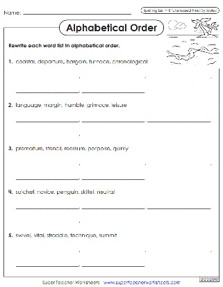 ABC Order Spelling Worksheets - 6th Grade