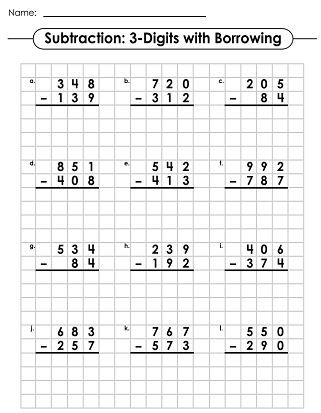 subtraction worksheets 3 digits